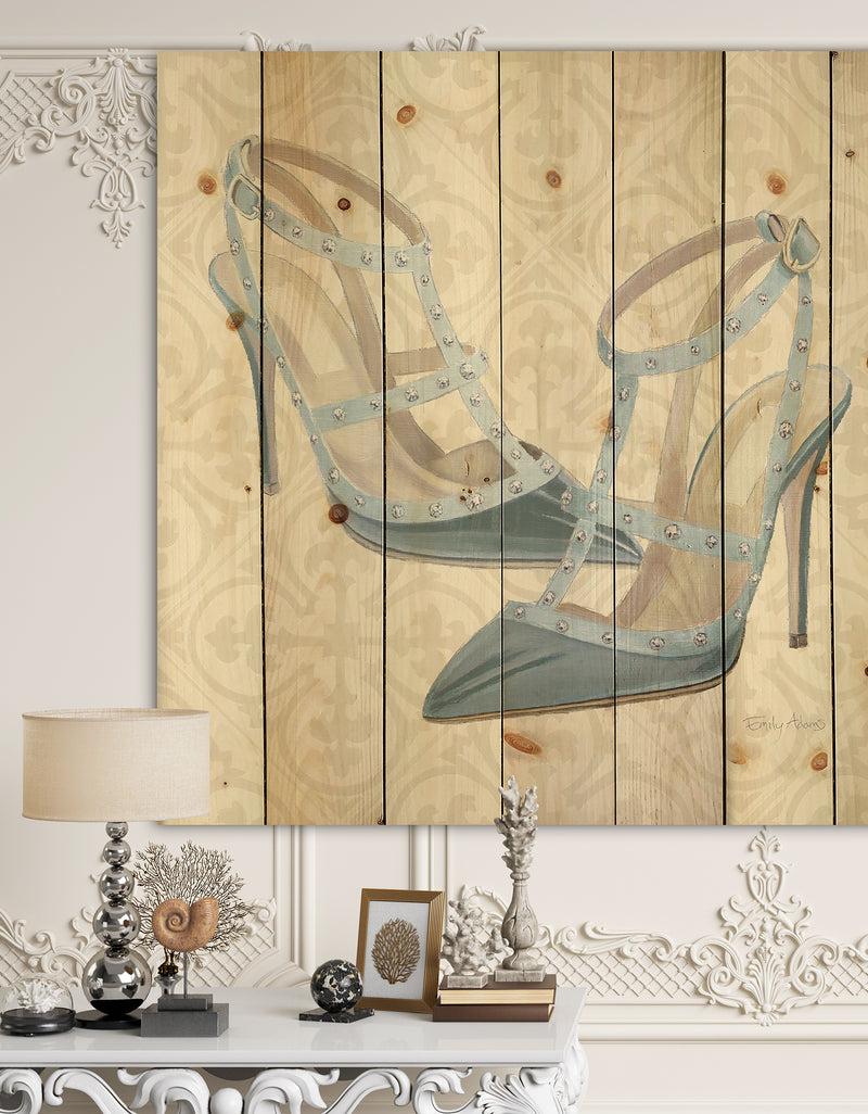 DesignQ Glam cosmetics Blue Shoes - Fashion Print on Natural Pine Wood