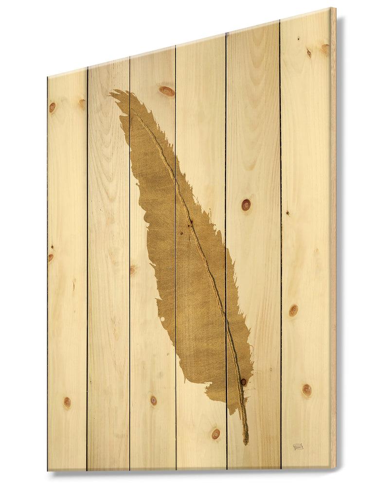 DesignQ Glam Pure Gold Feather I - Glam Print On Natural Pine Wood