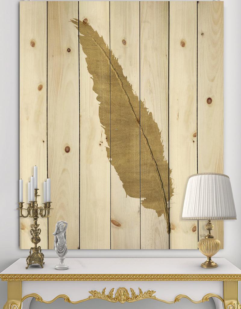 DesignQ Glam pure Gold Feather I - Glam Print on Natural Pine Wood