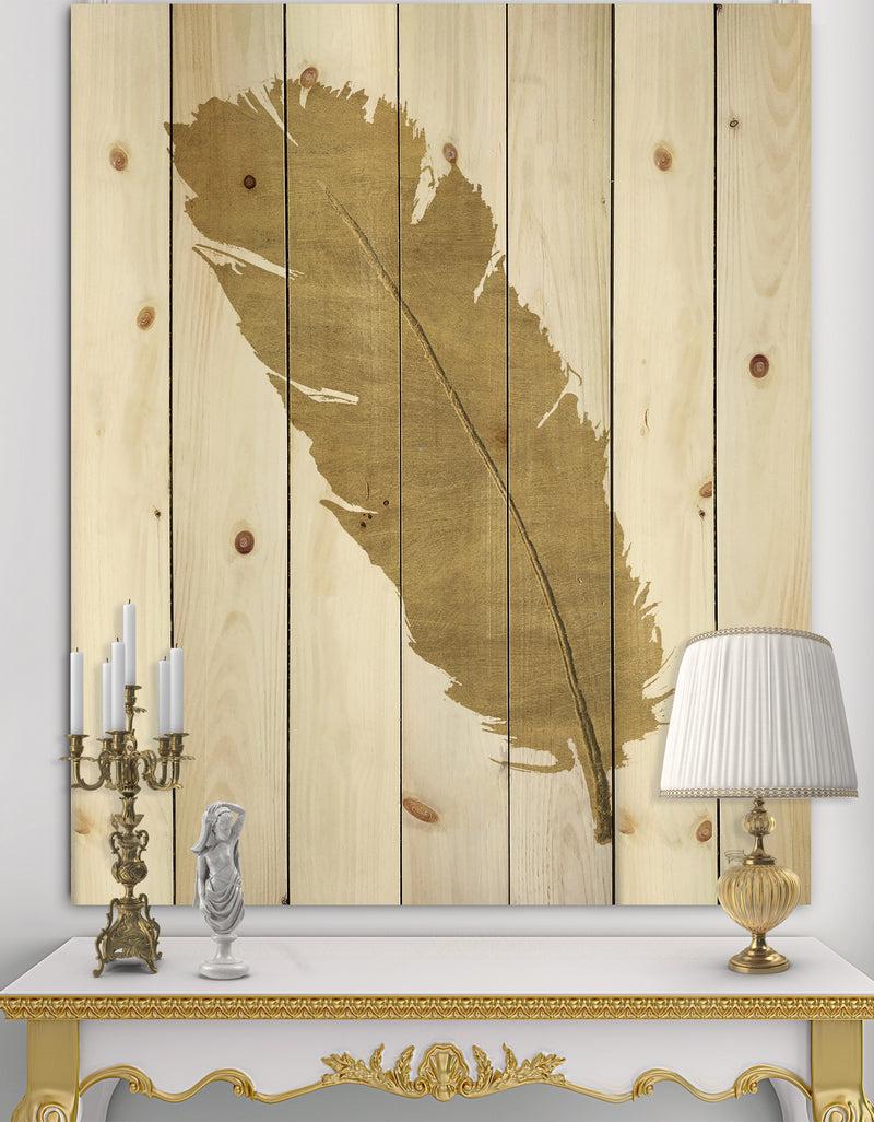 DesignQ Glam pure Gold Feather II - Glam Print on Natural Pine Wood