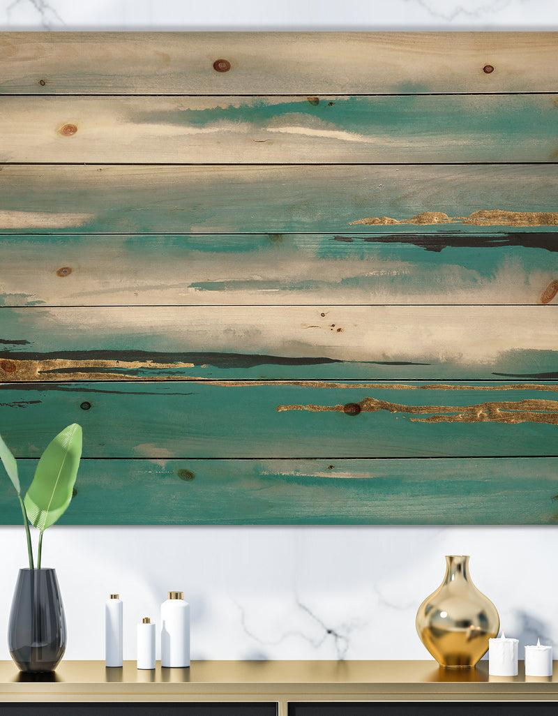 DesignQ Glam Teal Watercolor II - Modern & Contemporary Print on Natural Pine Wood