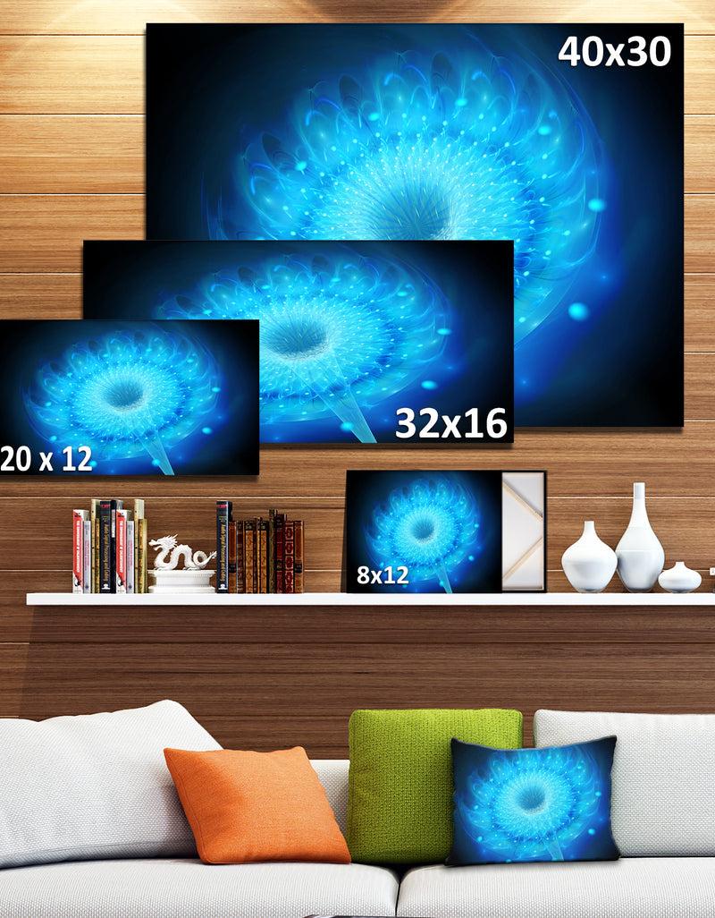 DesignQ Glowing Blue Fractal Flower On Black - Large Floral Canvas Art Print