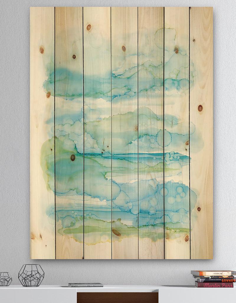 DesignQ Goache of Abstract Blue and Green - Modern Print on Natural Pine Wood