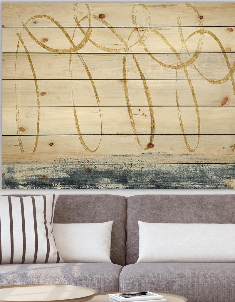 DesignQ Gold Abstract Geometric Shape - Modern Transitional Print on Natural Pine Wood