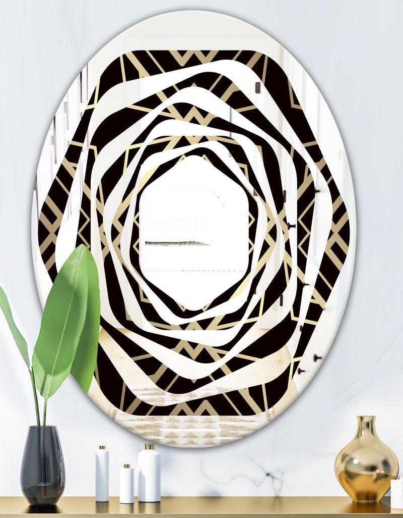 DesignQ Gold And Black Art Deco Pattern - Modern Round Or Oval Wall Mirror - Whirl