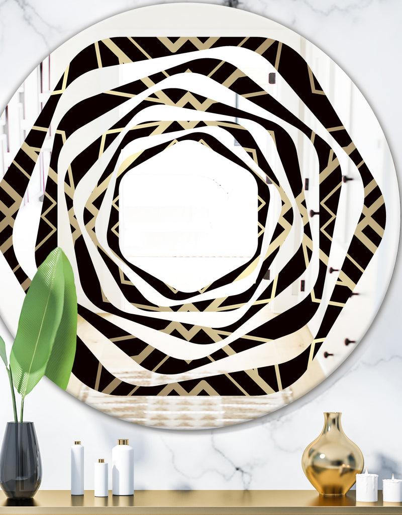 DesignQ Gold and Black Art Deco Pattern - Modern Round or Oval Wall Mirror - Whirl