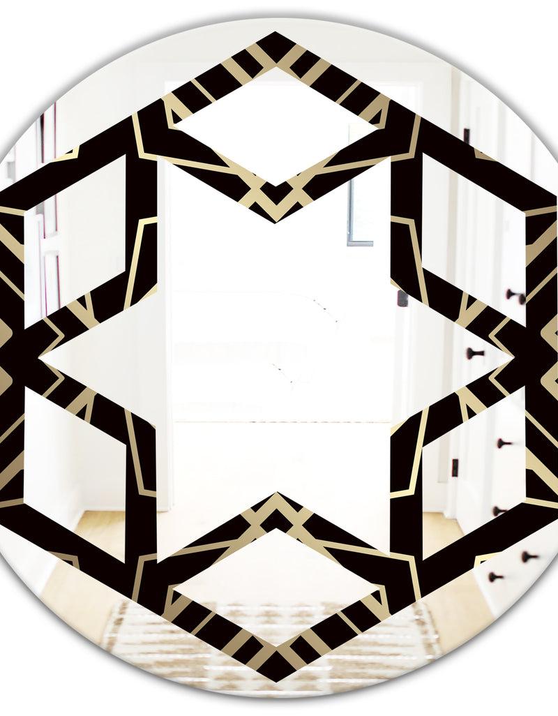 DesignQ Gold And Black Art Deco Pattern - Modern Round Or Oval Wall Mirror - Hexagon Star