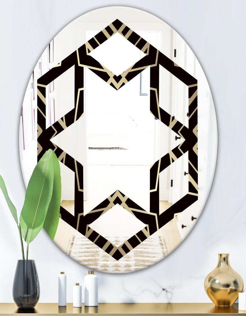 DesignQ Gold And Black Art Deco Pattern - Modern Round Or Oval Wall Mirror - Hexagon Star