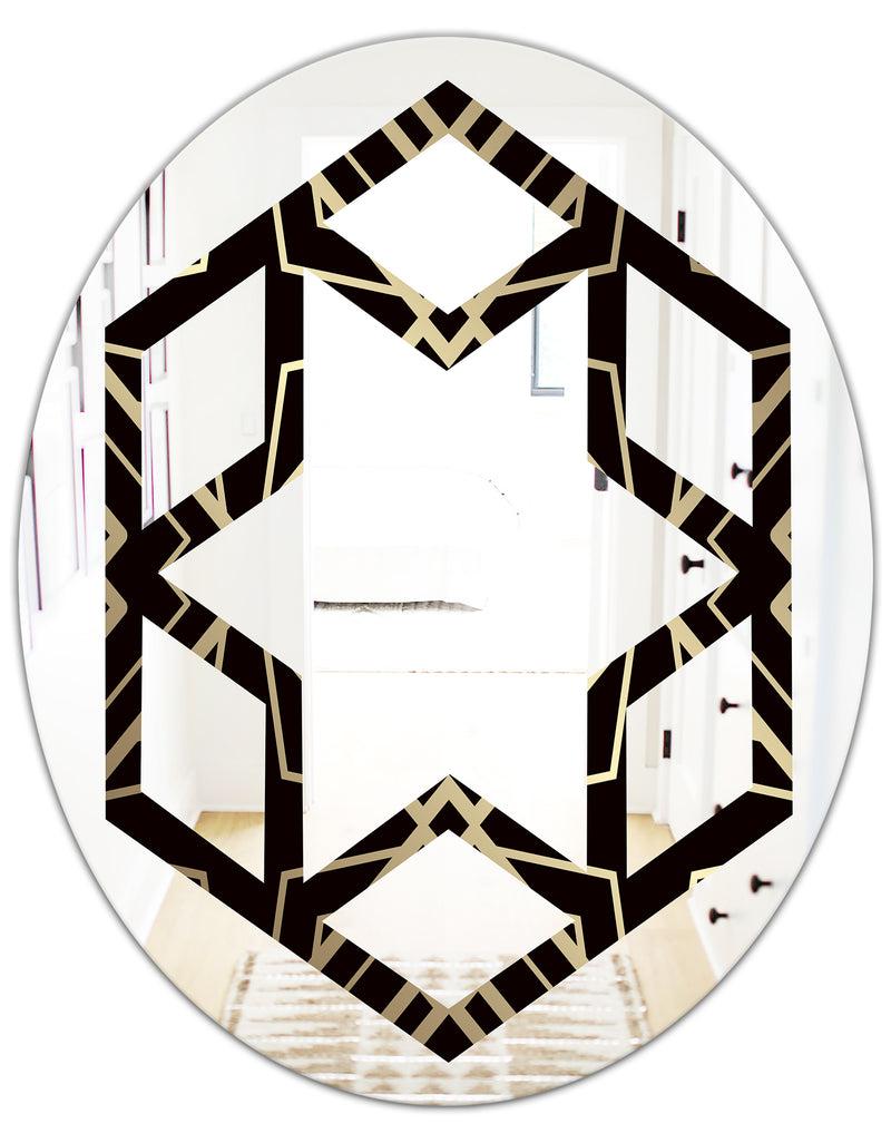 DesignQ Gold And Black Art Deco Pattern - Modern Round Or Oval Wall Mirror - Hexagon Star