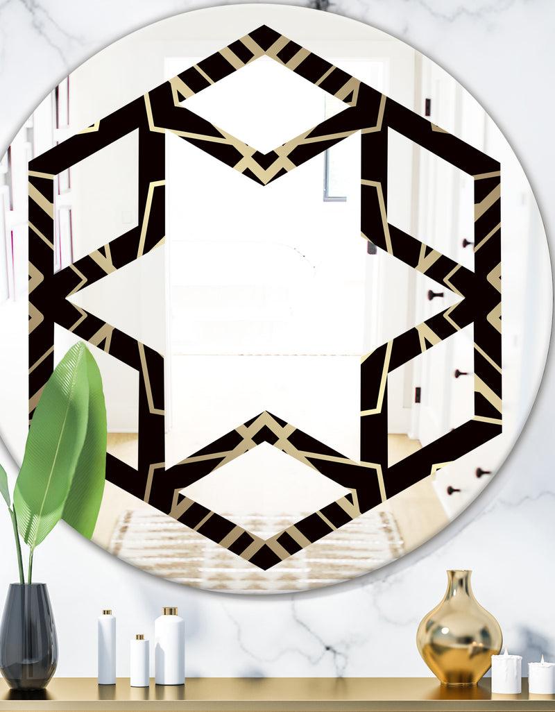 DesignQ Gold and Black Art Deco Pattern - Modern Round or Oval Wall Mirror - Hexagon Star