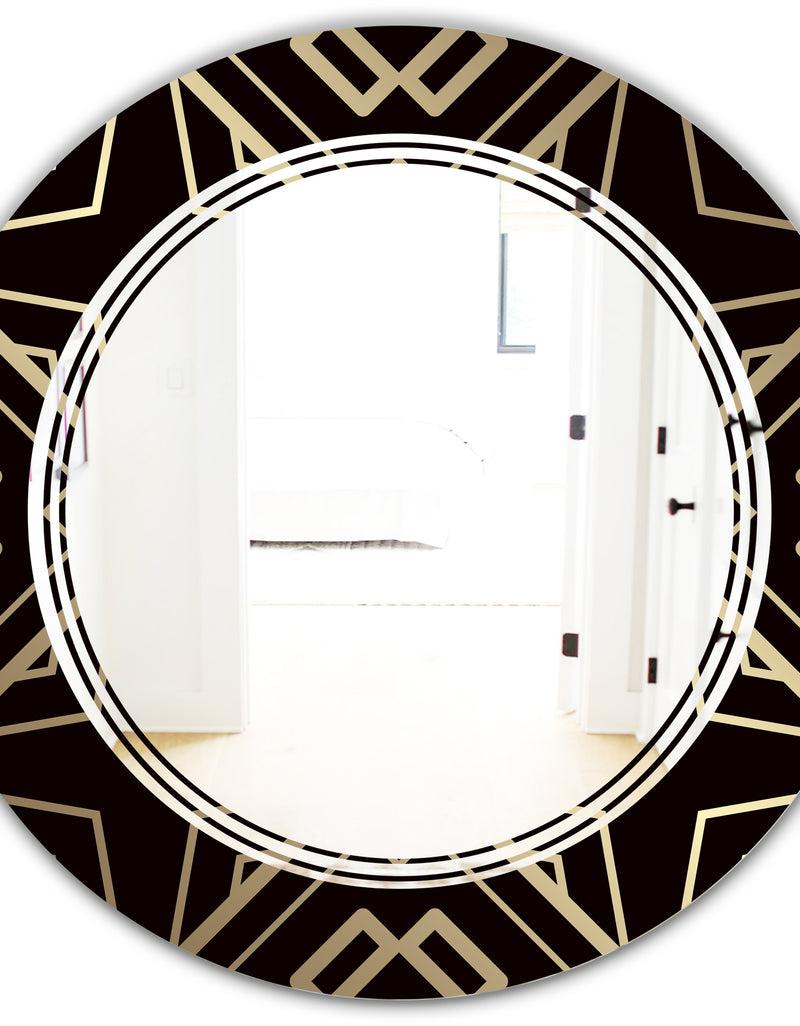 DesignQ Gold And Black Art Deco Pattern - Modern Round Or Oval Wall Mirror - Triple C