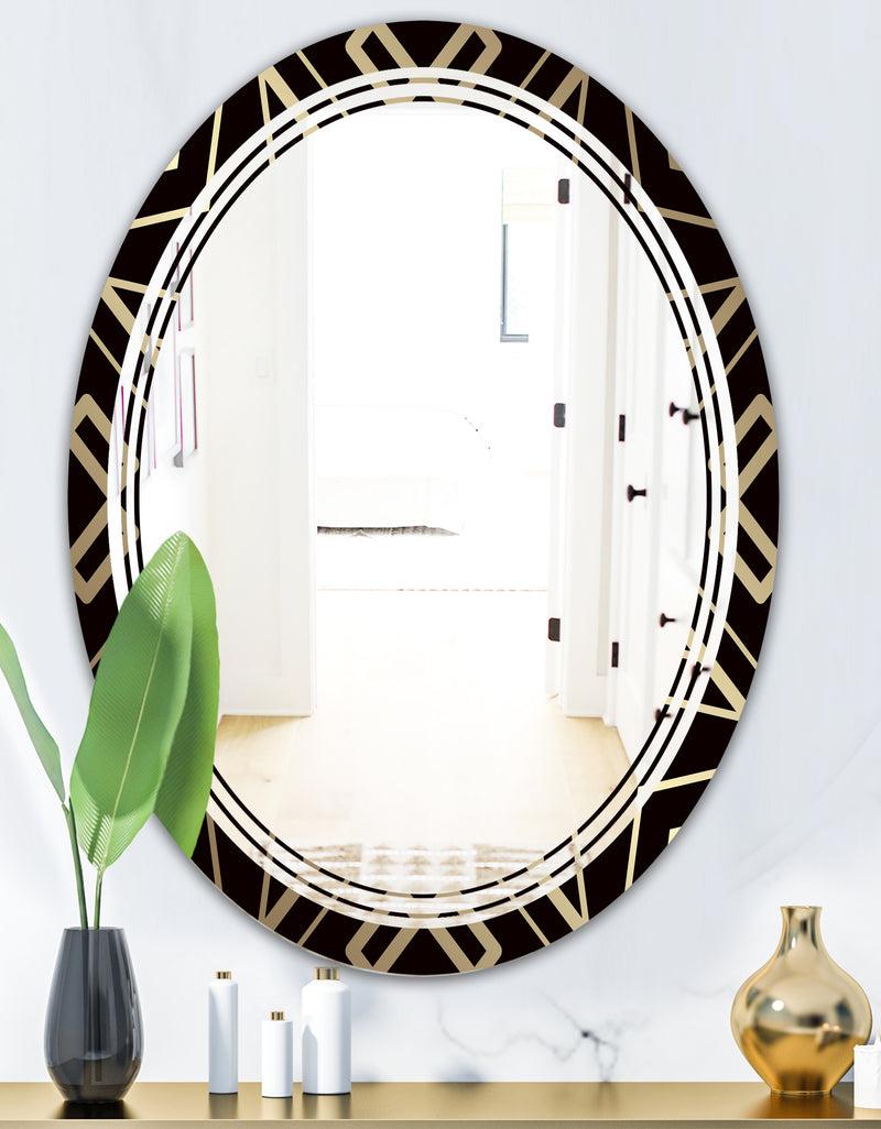 DesignQ Gold And Black Art Deco Pattern - Modern Round Or Oval Wall Mirror - Triple C