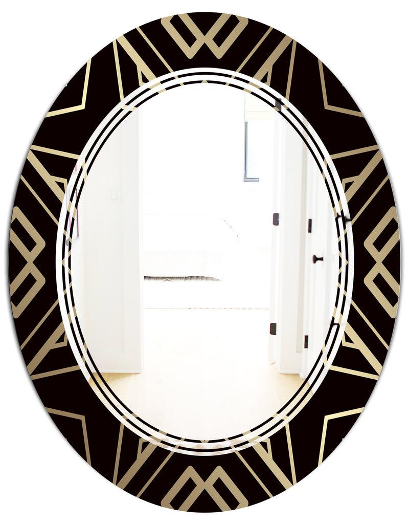 DesignQ Gold And Black Art Deco Pattern - Modern Round Or Oval Wall Mirror - Triple C