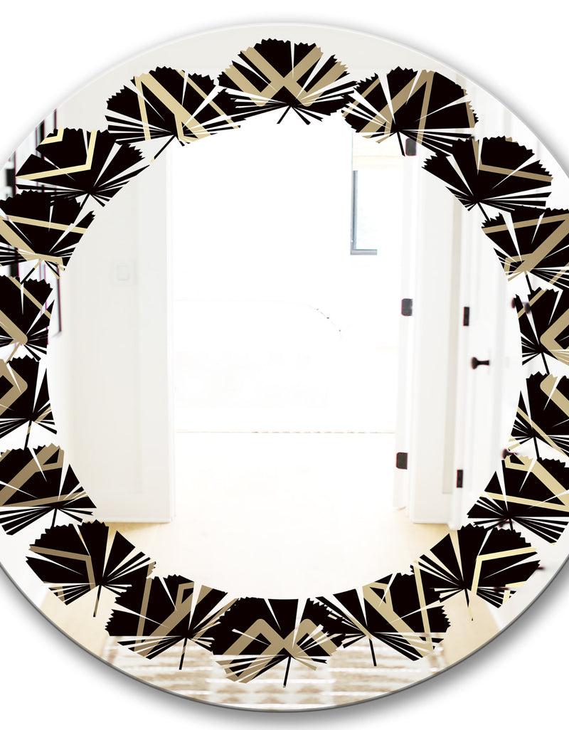 DesignQ Gold And Black Art Deco Pattern - Modern Round Or Oval Wall Mirror - Leaves