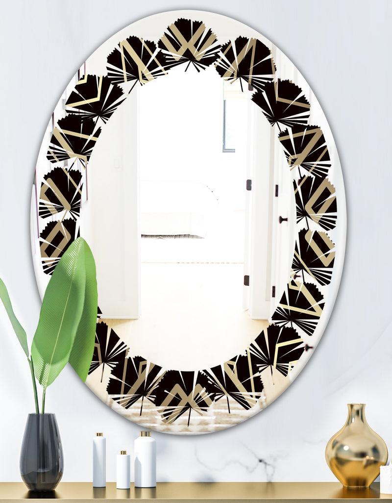 DesignQ Gold And Black Art Deco Pattern - Modern Round Or Oval Wall Mirror - Leaves