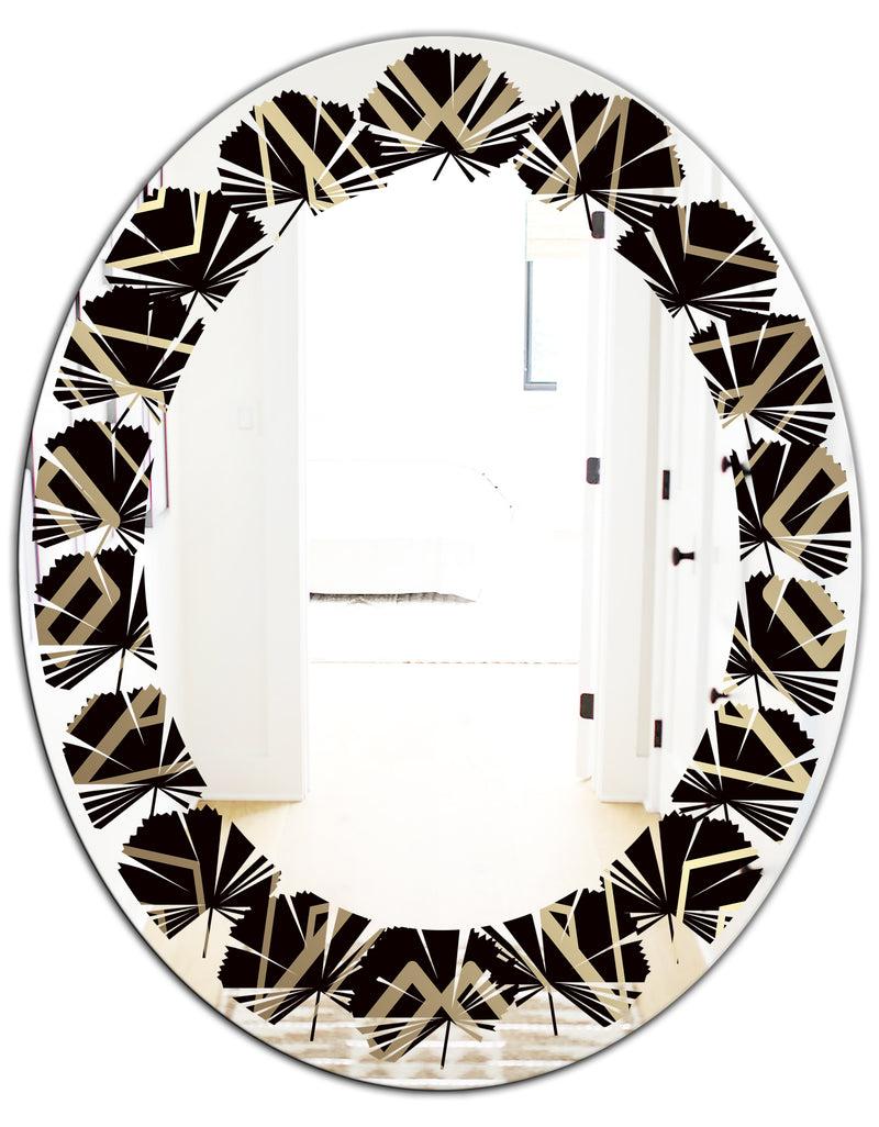 DesignQ Gold And Black Art Deco Pattern - Modern Round Or Oval Wall Mirror - Leaves