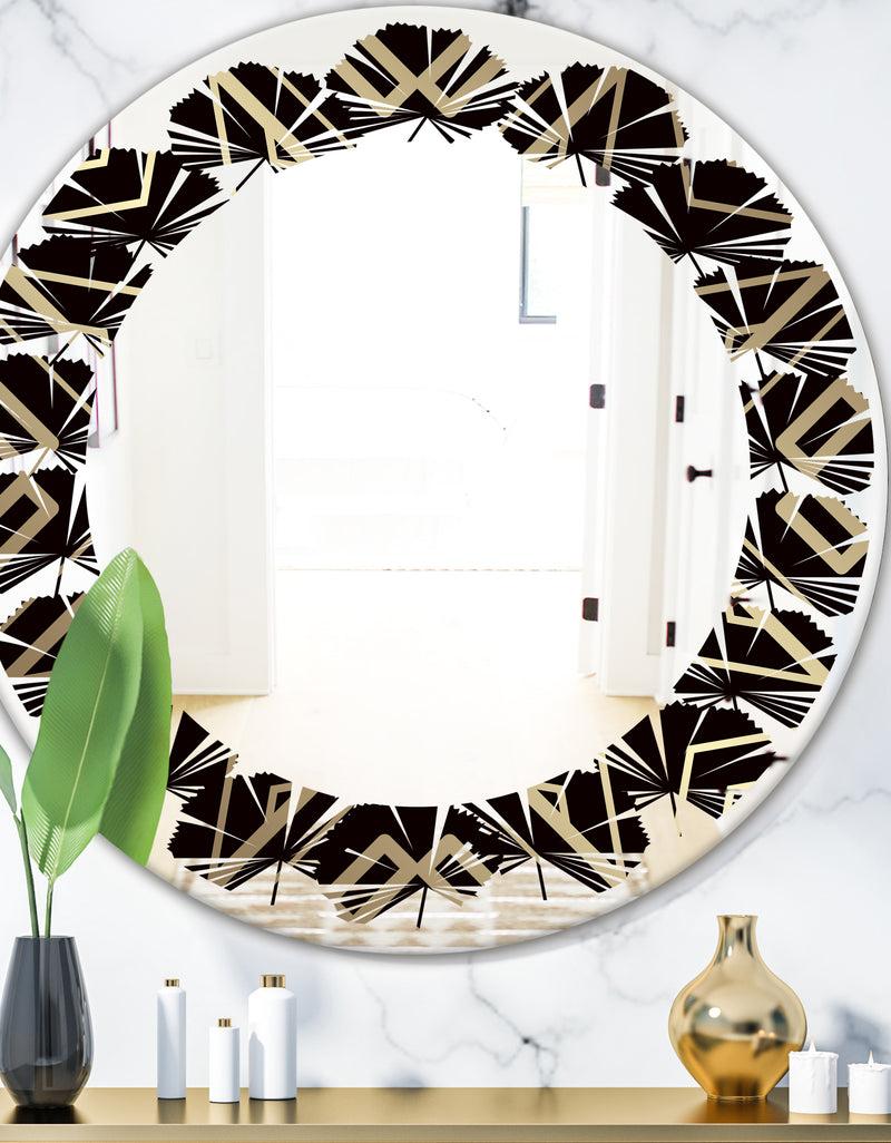 DesignQ Gold and Black Art Deco Pattern - Modern Round or Oval Wall Mirror - Leaves