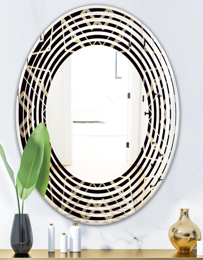 DesignQ Gold And Black Art Deco Pattern - Modern Round Or Oval Wall Mirror - Wave