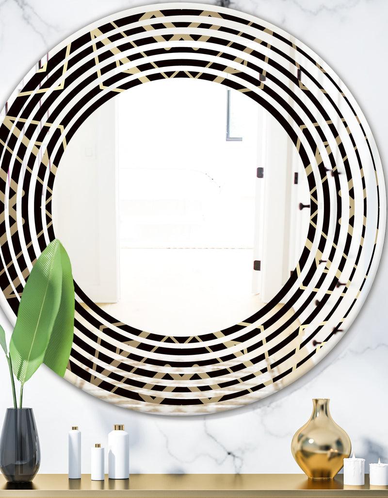 DesignQ Gold and Black Art Deco Pattern - Modern Round or Oval Wall Mirror - Wave