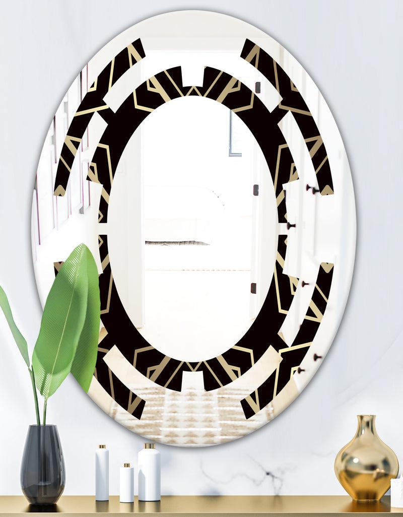 DesignQ Gold And Black Art Deco Pattern - Modern Round Or Oval Wall Mirror - Space