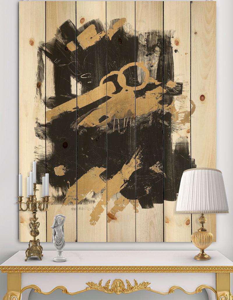DesignQ Gold and Black drift I - Modern Glam Print on Natural Pine Wood