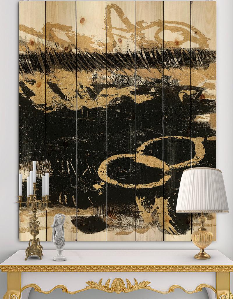 DesignQ Gold and Black drift III - Modern Glam Print on Natural Pine Wood