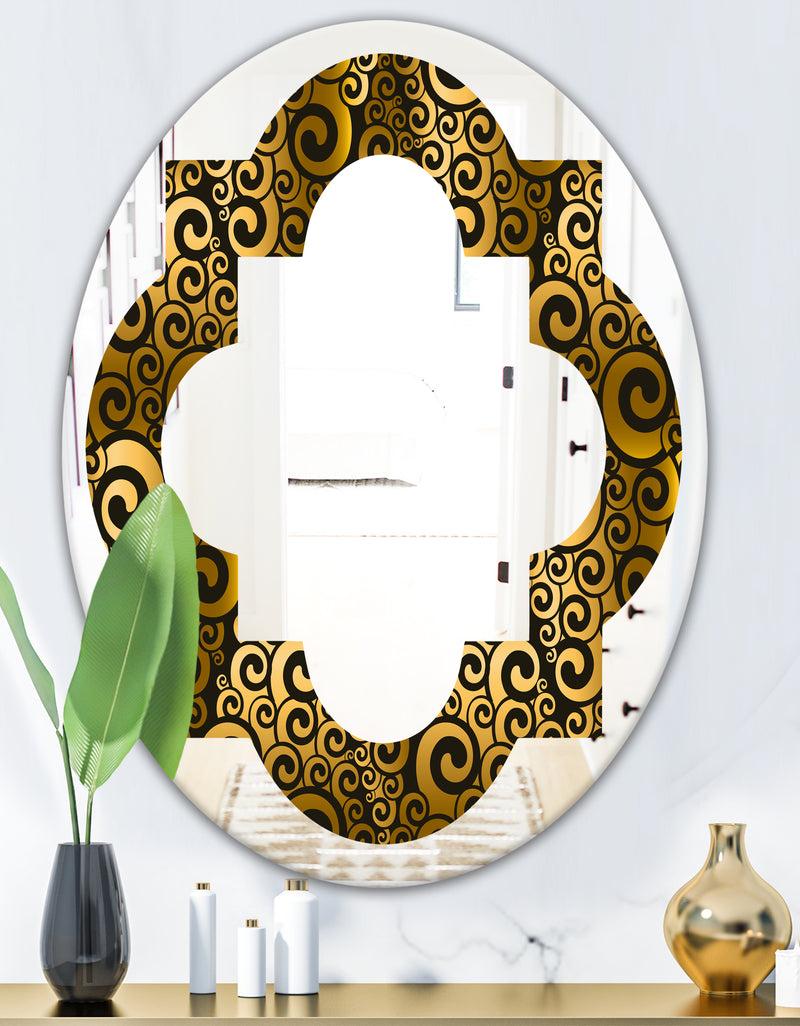 DesignQ Gold And Black Swirl I - Modern Round Or Oval Wall Mirror - Quatrefoil