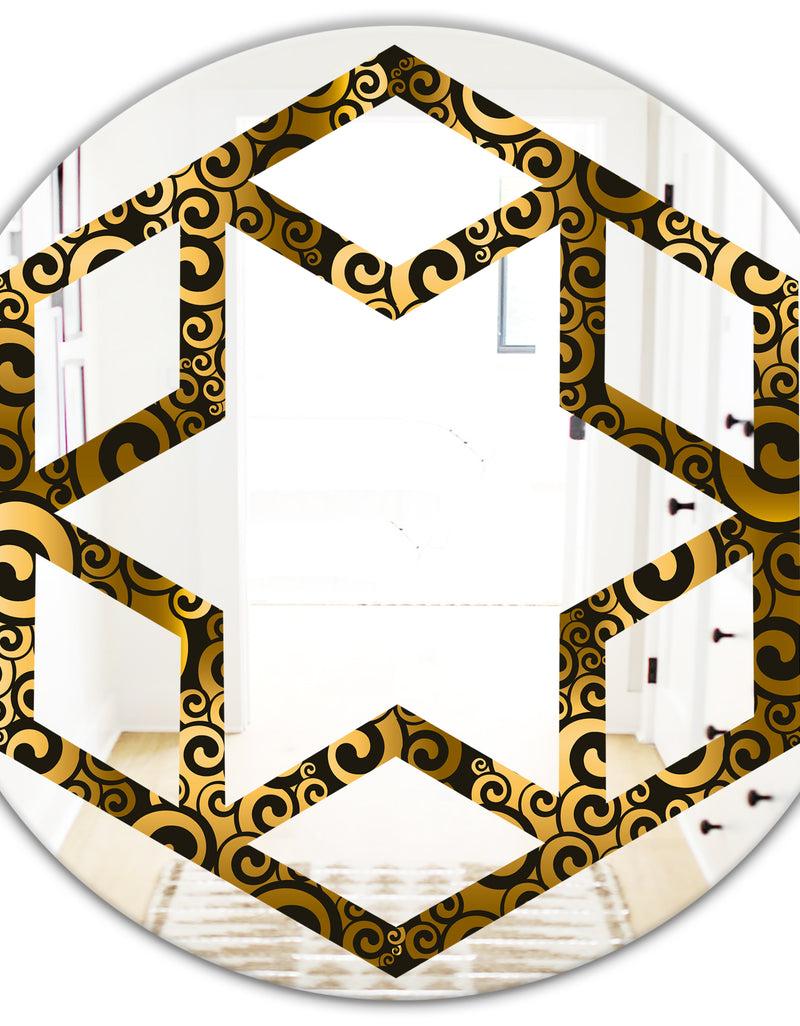 DesignQ Gold And Black Swirl I - Modern Round Or Oval Wall Mirror - Hexagon Star