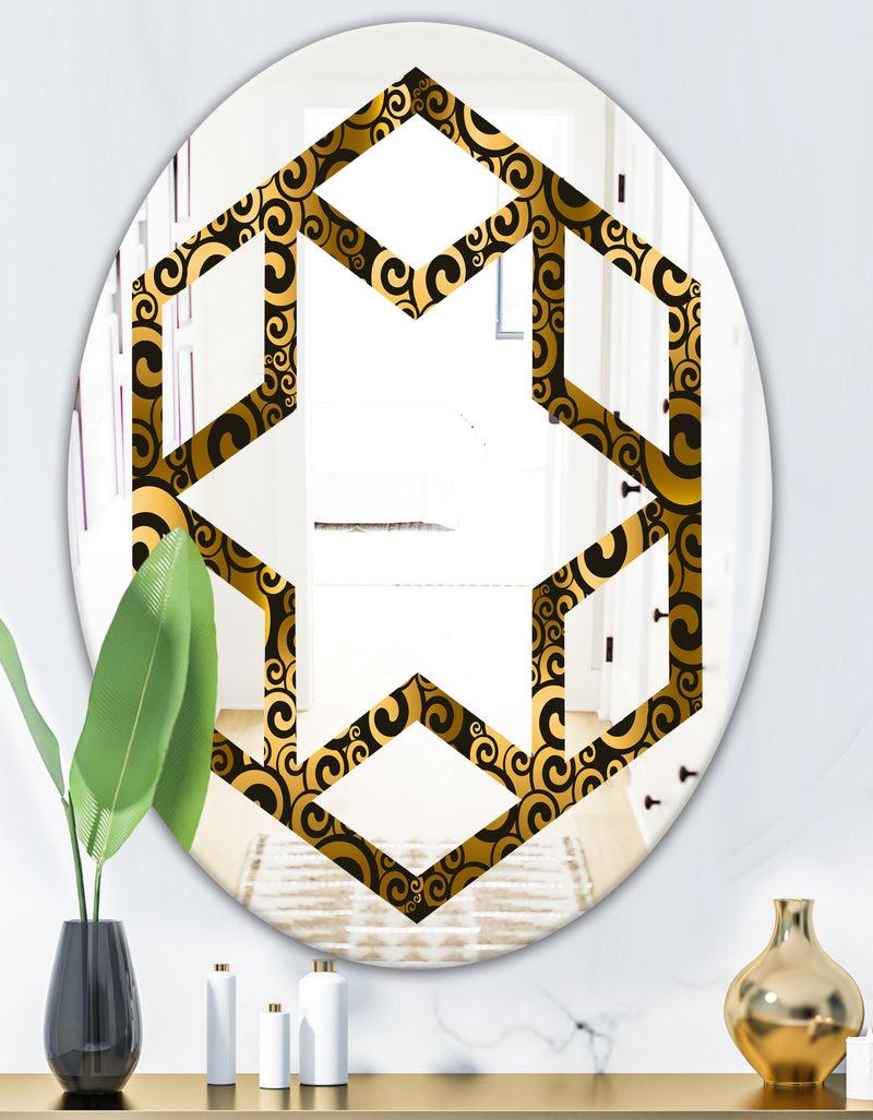 DesignQ Gold And Black Swirl I - Modern Round Or Oval Wall Mirror - Hexagon Star