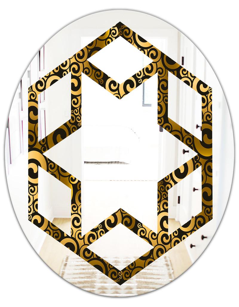 DesignQ Gold And Black Swirl I - Modern Round Or Oval Wall Mirror - Hexagon Star
