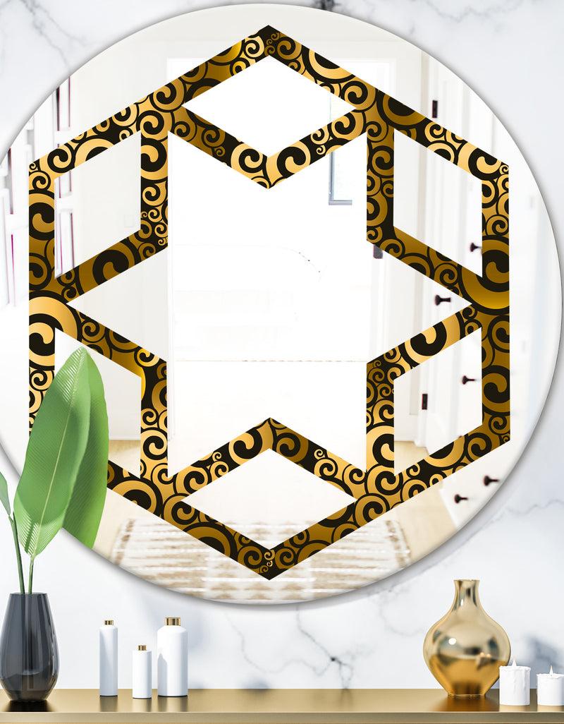 DesignQ Gold and Black Swirl I - Modern Round or Oval Wall Mirror - Hexagon Star