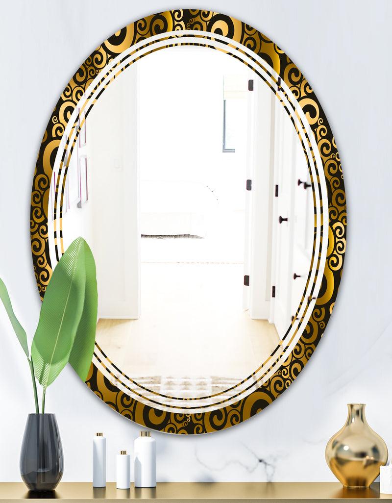 DesignQ Gold And Black Swirl I - Modern Round Or Oval Wall Mirror - Triple C