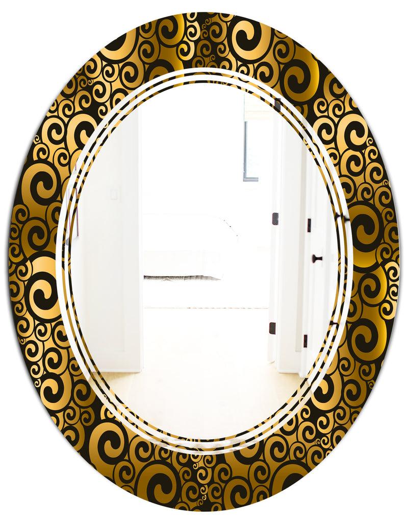 DesignQ Gold And Black Swirl I - Modern Round Or Oval Wall Mirror - Triple C