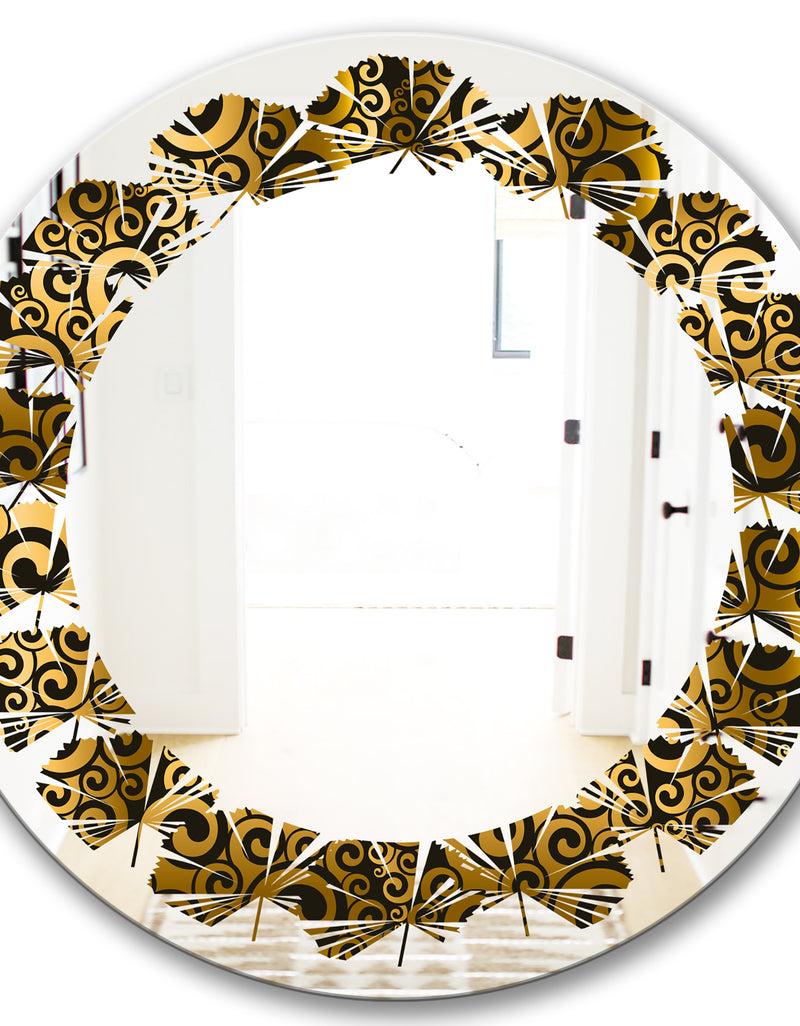 DesignQ Gold And Black Swirl I - Modern Round Or Oval Wall Mirror - Leaves