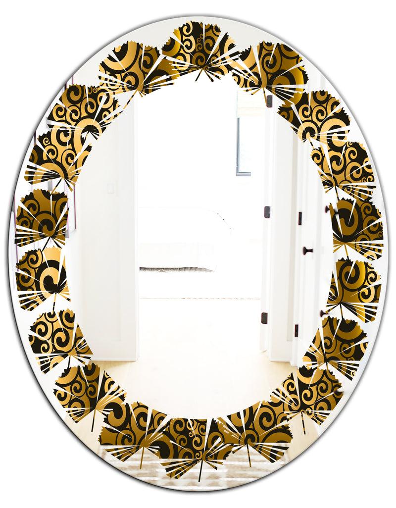 DesignQ Gold And Black Swirl I - Modern Round Or Oval Wall Mirror - Leaves
