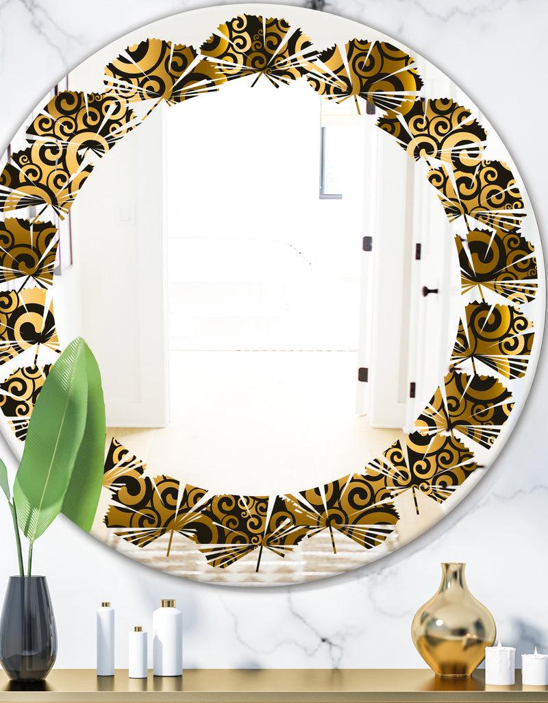 DesignQ Gold and Black Swirl I - Modern Round or Oval Wall Mirror - Leaves
