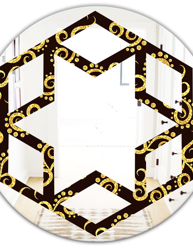 DesignQ Gold And Black Swirl II - Modern Round Or Oval Wall Mirror - Hexagon Star