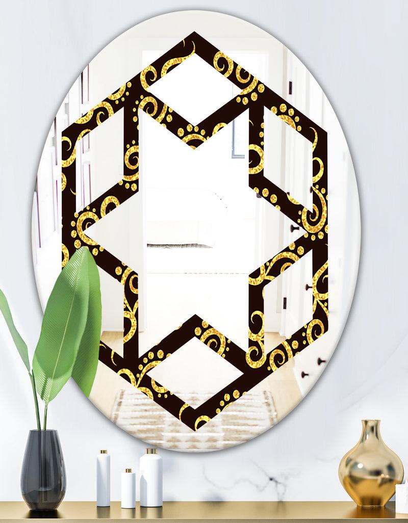 DesignQ Gold And Black Swirl II - Modern Round Or Oval Wall Mirror - Hexagon Star