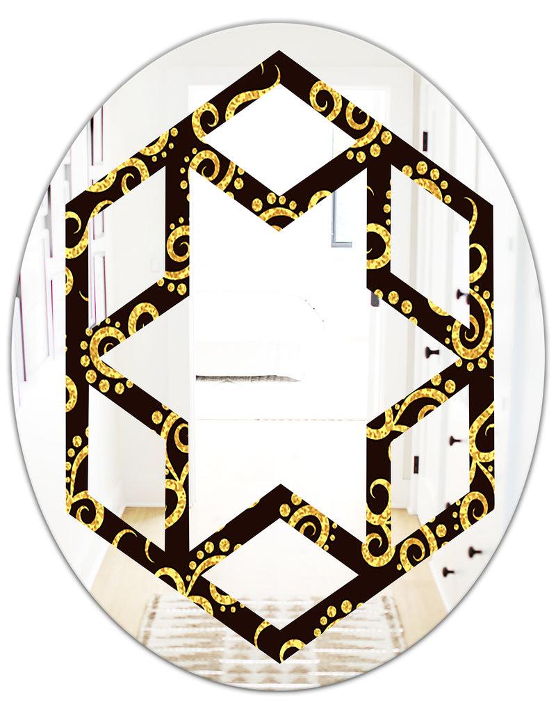 DesignQ Gold And Black Swirl II - Modern Round Or Oval Wall Mirror - Hexagon Star