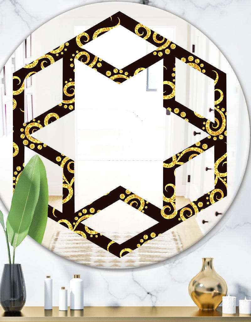 DesignQ Gold and Black Swirl II - Modern Round or Oval Wall Mirror - Hexagon Star
