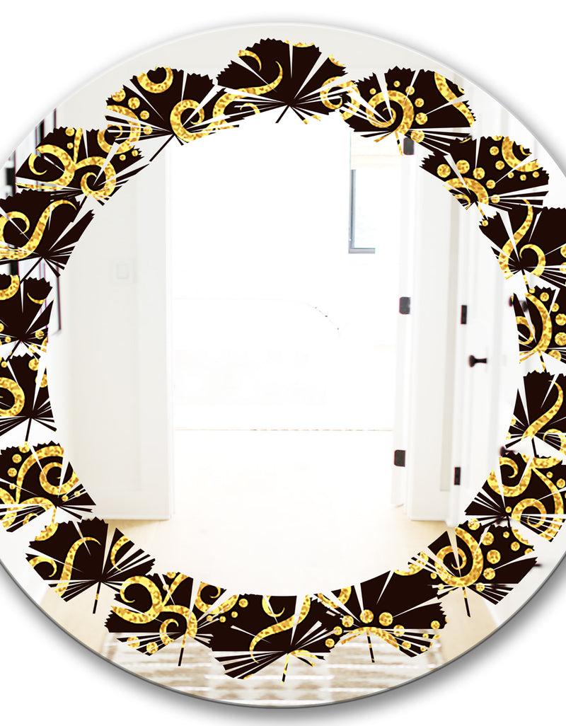 DesignQ Gold And Black Swirl II - Modern Round Or Oval Wall Mirror - Leaves