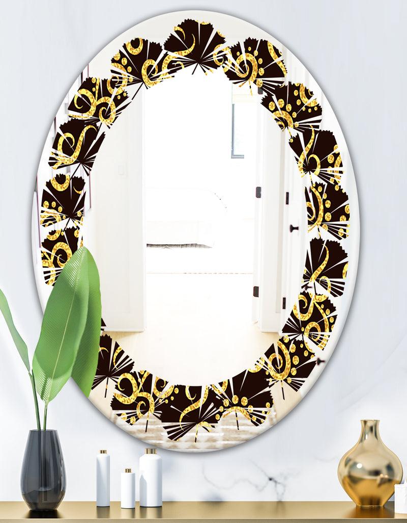 DesignQ Gold And Black Swirl II - Modern Round Or Oval Wall Mirror - Leaves