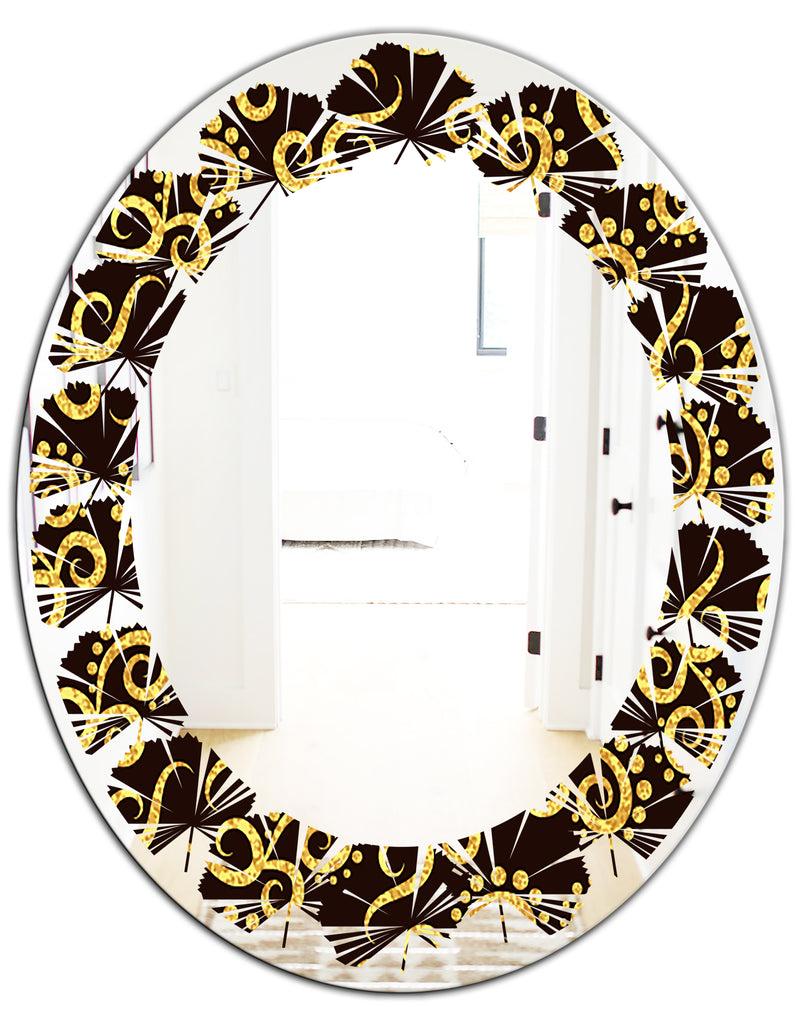 DesignQ Gold And Black Swirl II - Modern Round Or Oval Wall Mirror - Leaves