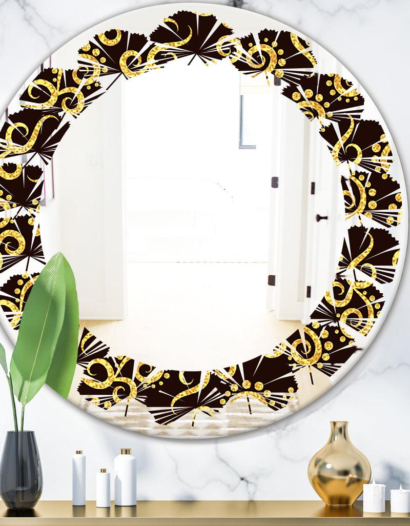 DesignQ Gold and Black Swirl II - Modern Round or Oval Wall Mirror - Leaves