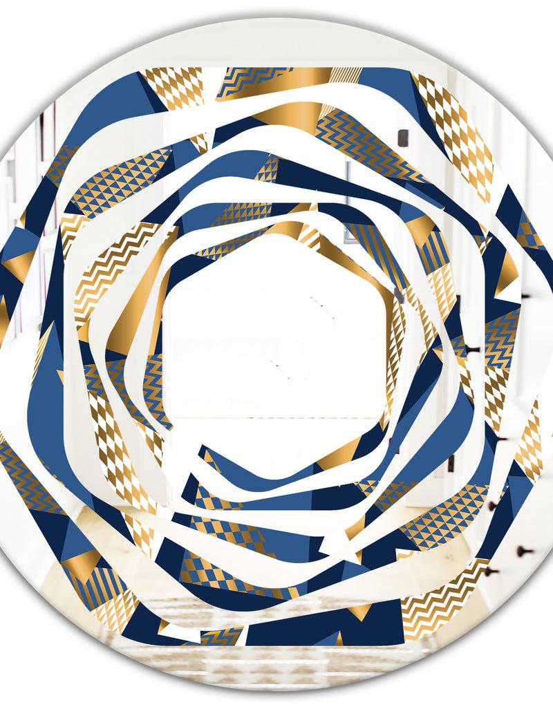 DesignQ Gold And Blue Cubes - Modern Round Or Oval Wall Mirror - Whirl