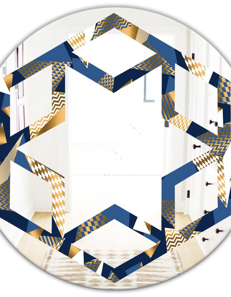 DesignQ Gold And Blue Cubes - Modern Round Or Oval Wall Mirror - Hexagon Star