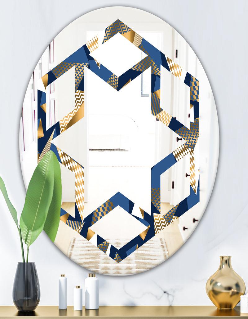 DesignQ Gold And Blue Cubes - Modern Round Or Oval Wall Mirror - Hexagon Star