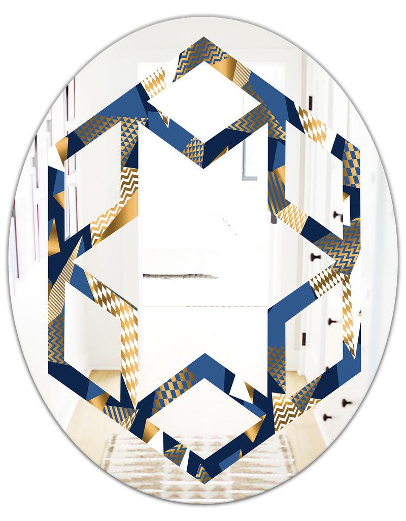 DesignQ Gold And Blue Cubes - Modern Round Or Oval Wall Mirror - Hexagon Star