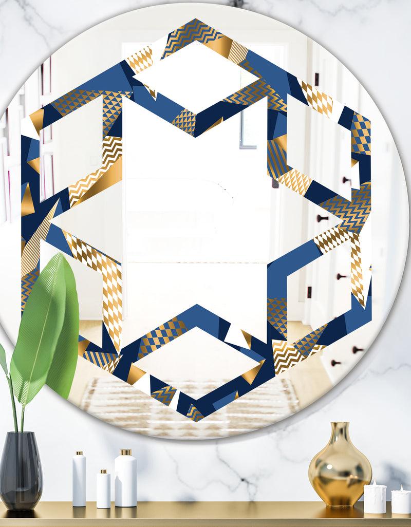 DesignQ Gold and Blue Cubes - Modern Round or Oval Wall Mirror - Hexagon Star