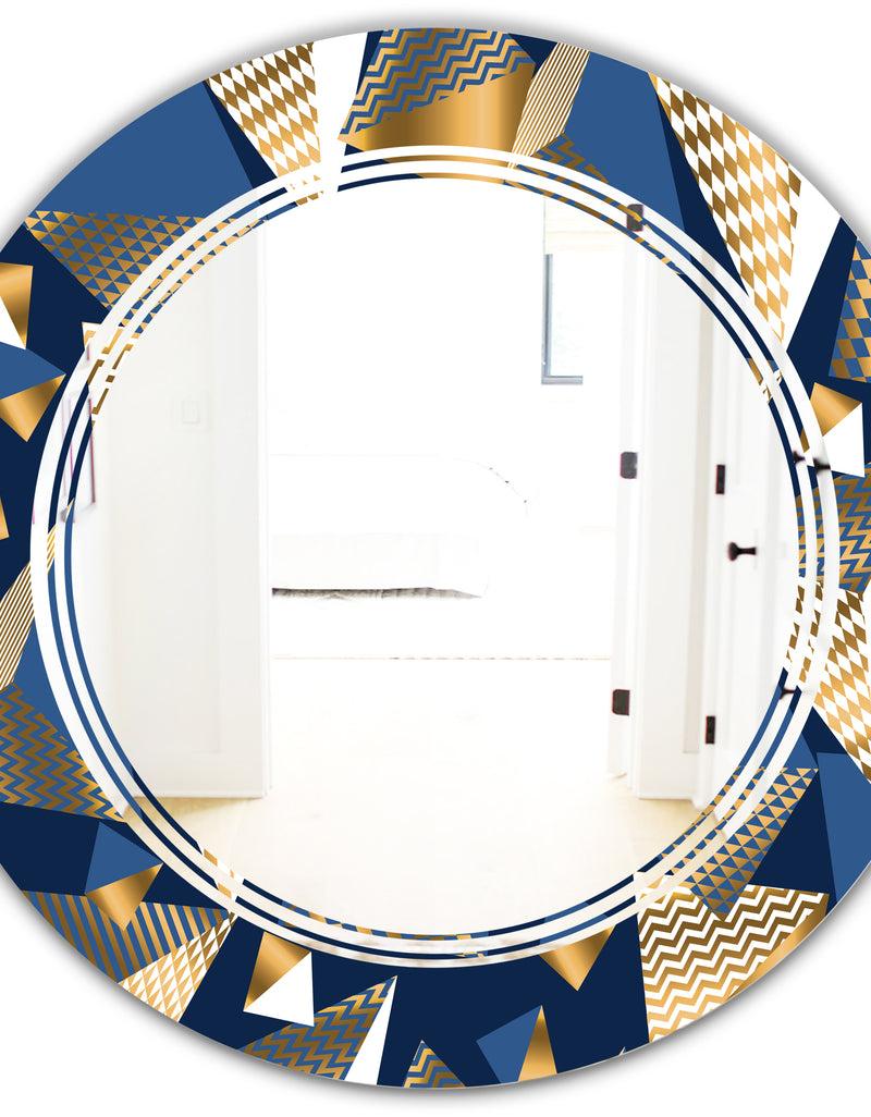 DesignQ Gold And Blue Cubes - Modern Round Or Oval Wall Mirror - Triple C